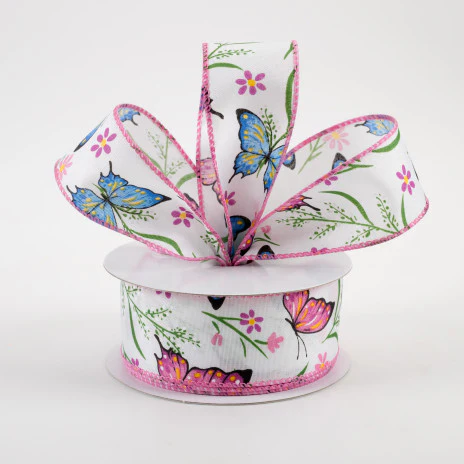 ๐ Butterfly Flowers Pink and Blue Satin Ribbon 1.5" x 10 yards