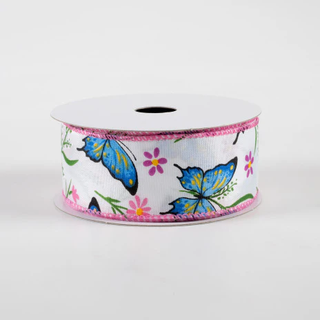๐ Butterfly Flowers Pink and Blue Satin Ribbon 1.5" x 10 yards - Image 2