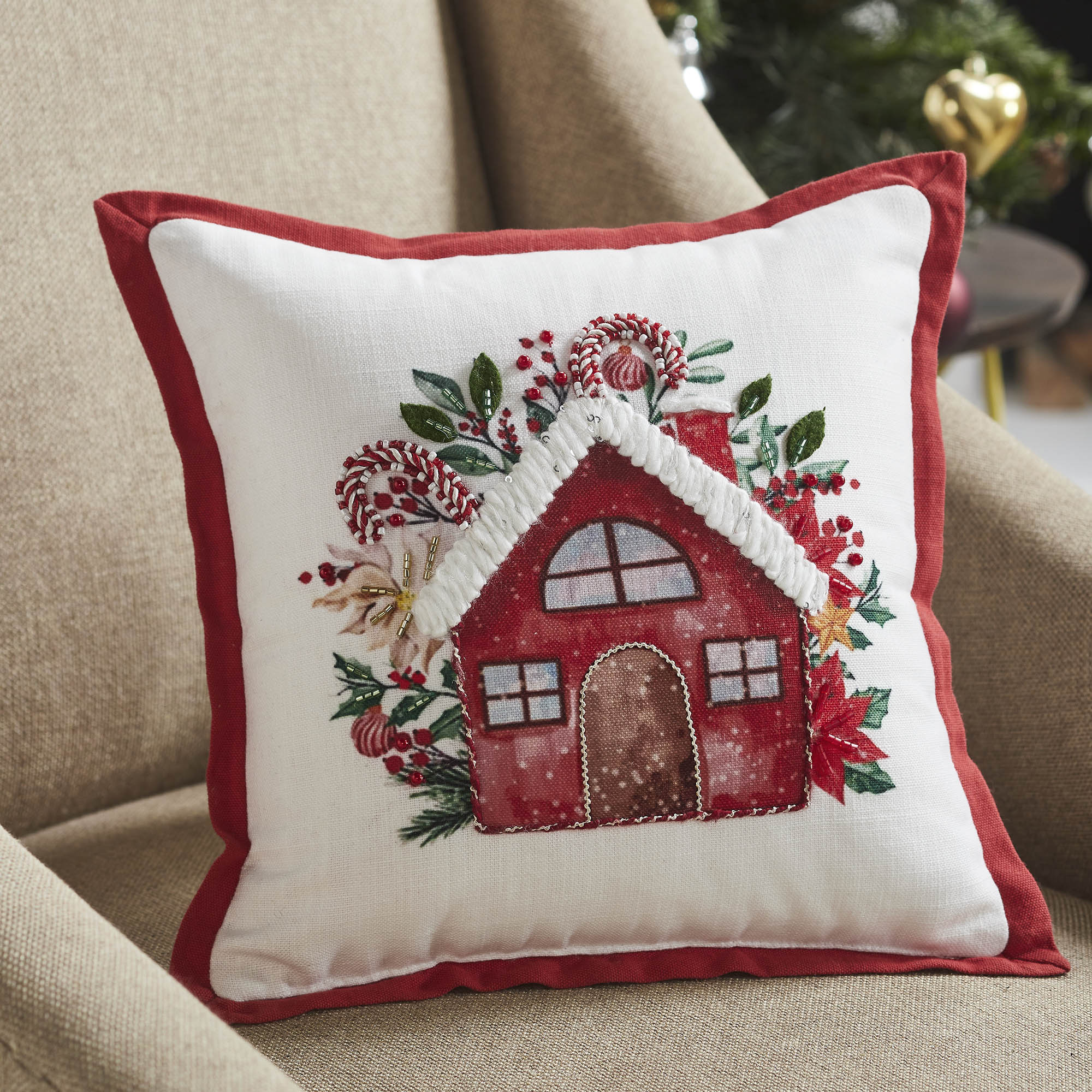 Candy Cane Cottage 12" Small Accent Pillow