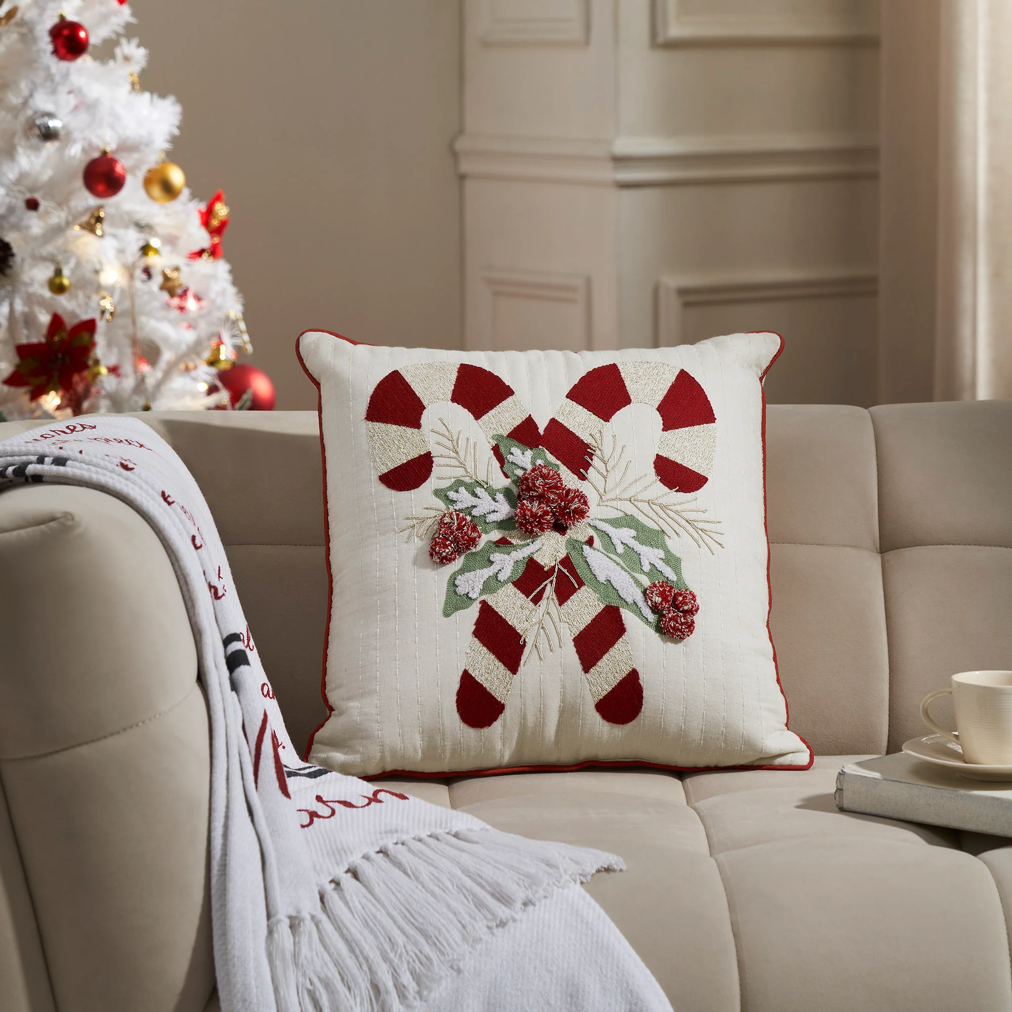 Candy Cane & Holly 18" Accent Christmas Pillow