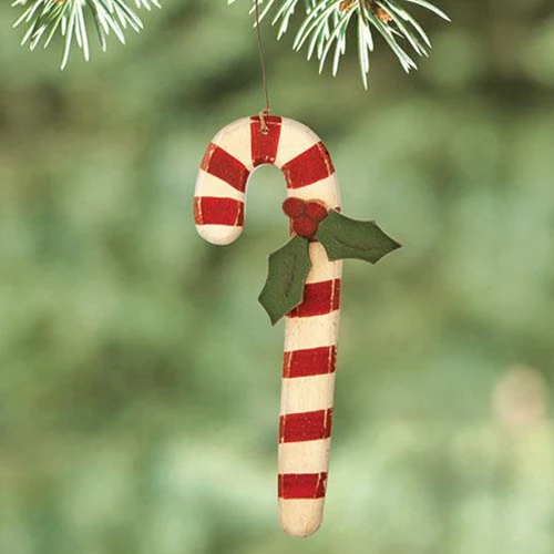 ๐ Candy Cane with Holly Wooden Ornament