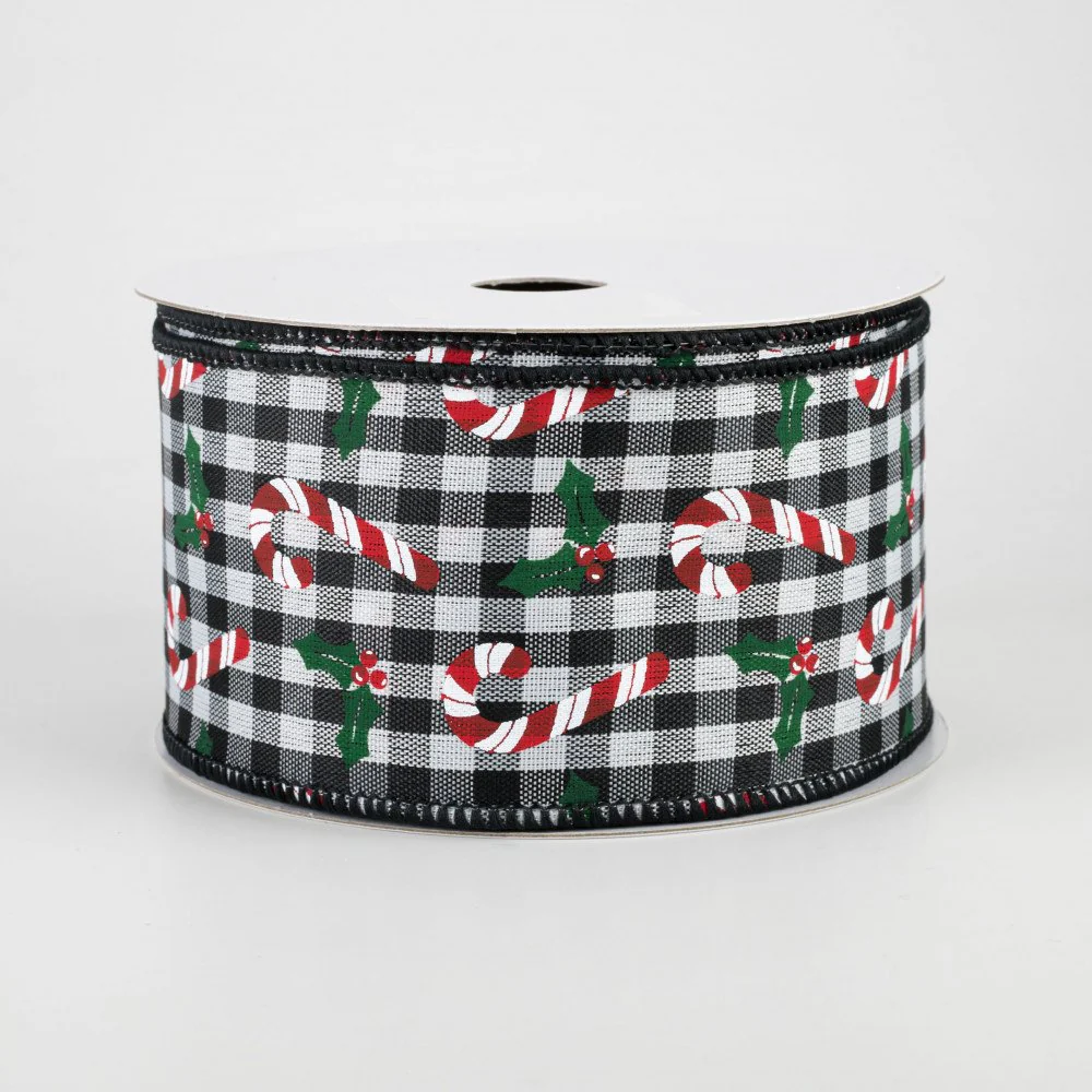 ๐ Candy Canes & Holly Buffalo Plaid Ribbon 2.5" x 10 yards
