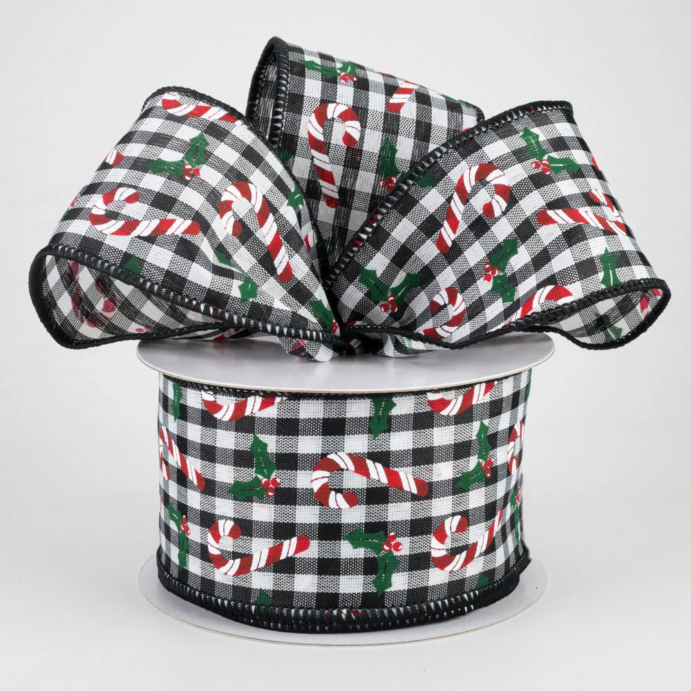 ๐ Candy Canes & Holly Buffalo Plaid Ribbon 2.5" x 10 yards - Image 2