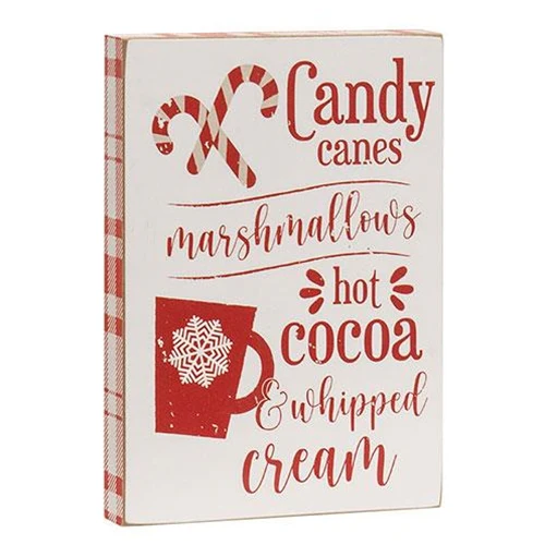๐ Candy Canes Marshmallows Hot Cocoa 7" Wooden Block Sign