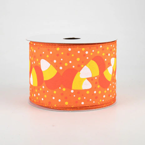 ๐ Candy Corn and Dots on Orange Ribbon 2.5" x 10 yards