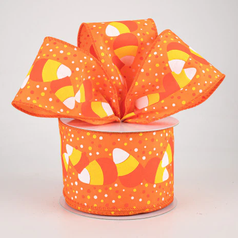 ๐ Candy Corn and Dots on Orange Ribbon 2.5" x 10 yards - Image 2