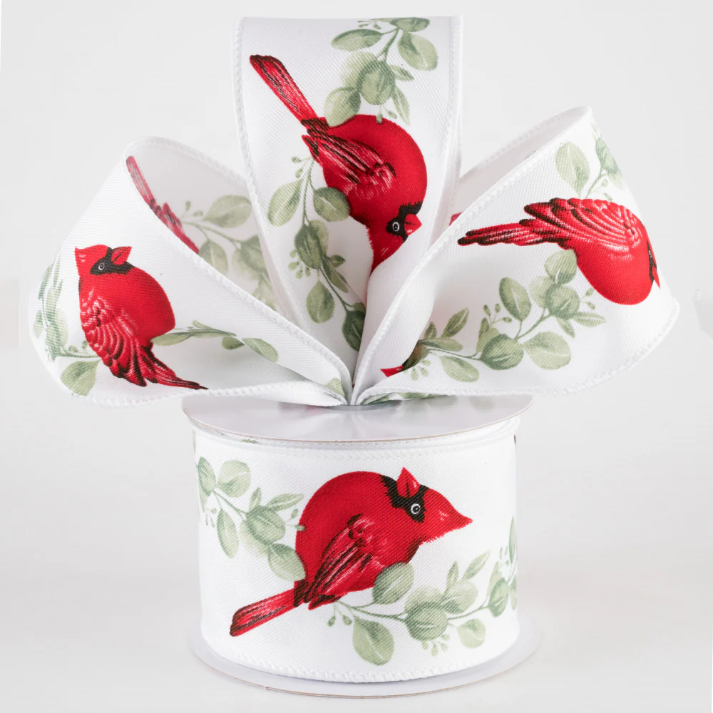๐ Cardinal on Eucalyptus White Ribbon 2.5" x 10 yards