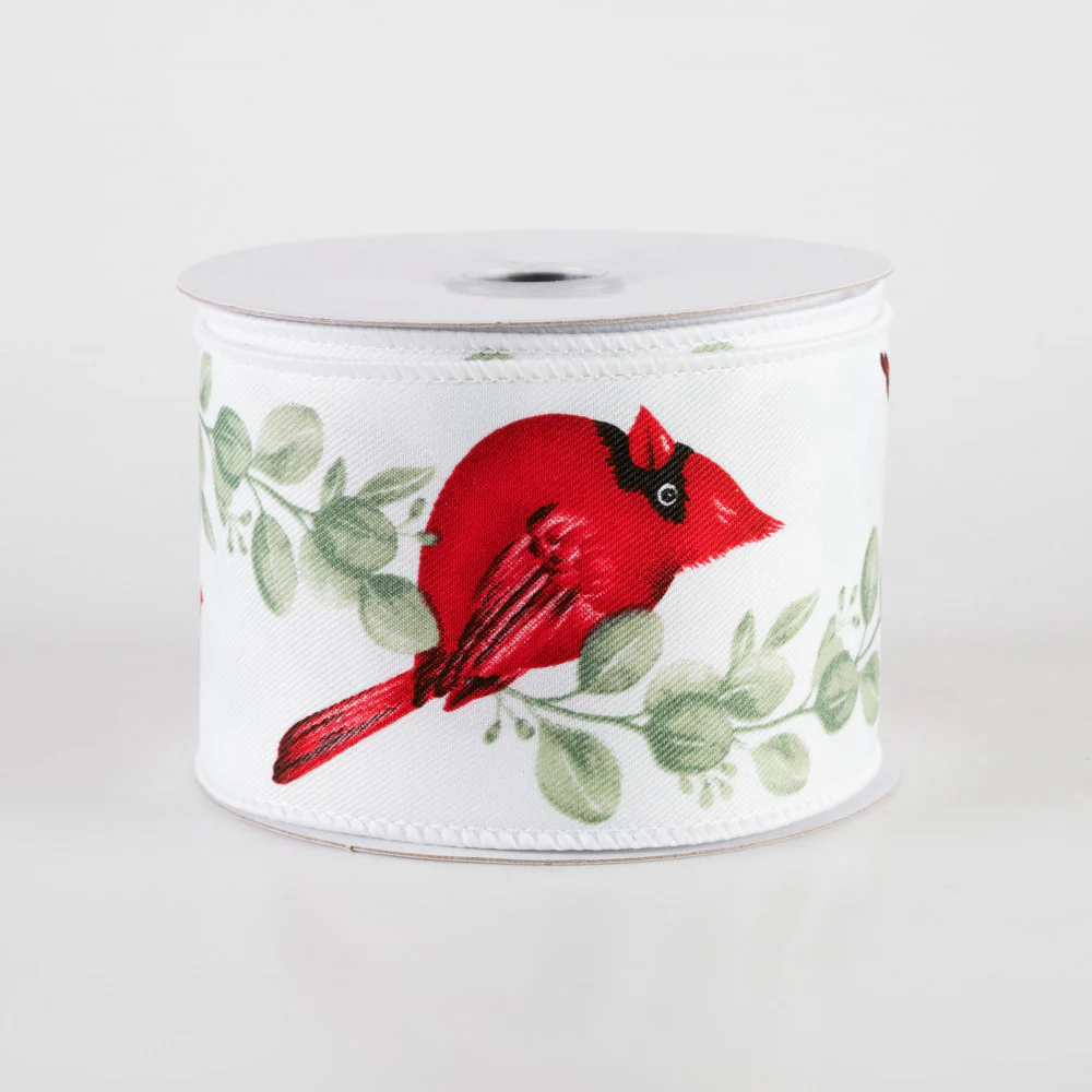 ๐ Cardinal on Eucalyptus White Ribbon 2.5" x 10 yards - Image 2