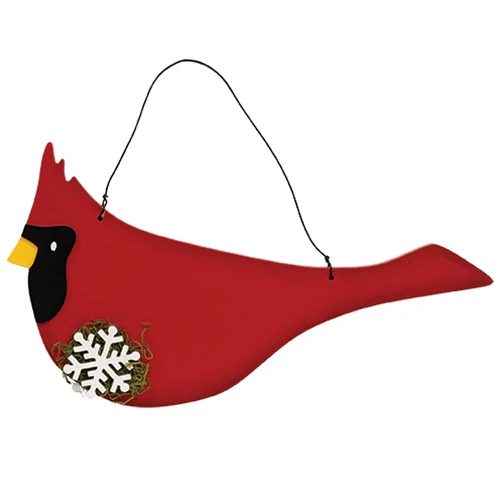 Cardinal with Mossy Snowflake Wooden Hanger