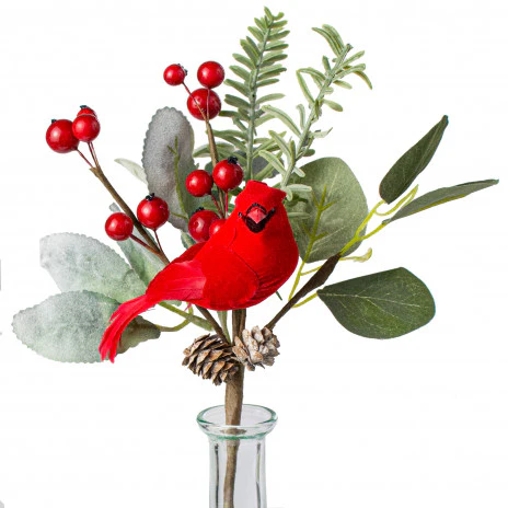 ๐ Cardinal With Pine Berries Eucalyptus 10" Faux Winter Evergreen Spray