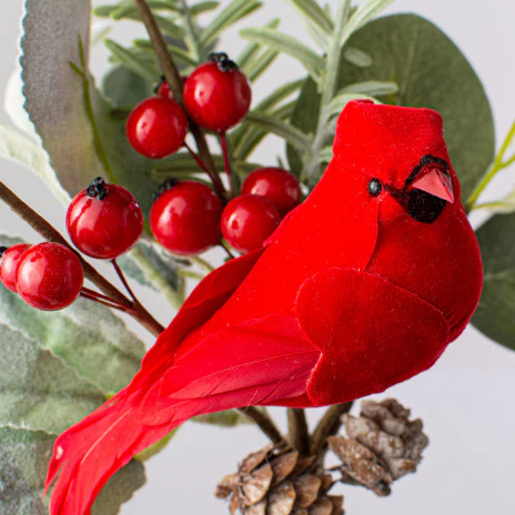 ๐ Cardinal With Pine Berries Eucalyptus 10" Faux Winter Evergreen Spray - Image 2