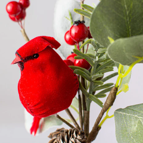 ๐ Cardinal With Pine Berries Eucalyptus 10" Faux Winter Evergreen Spray - Image 3