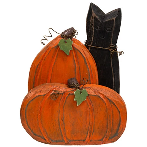 Carved Wooden Pumpkin Duo & Black Cat 9.5" Sitter