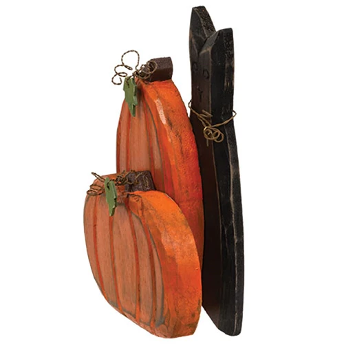 Carved Wooden Pumpkin Duo & Black Cat 9.5" Sitter - Image 2