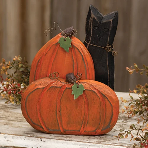 Carved Wooden Pumpkin Duo & Black Cat 9.5" Sitter - Image 3