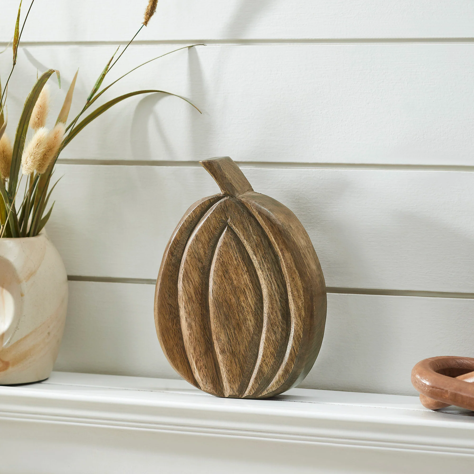 Carved Wooden Walnut Brown Pumpkin 8" H