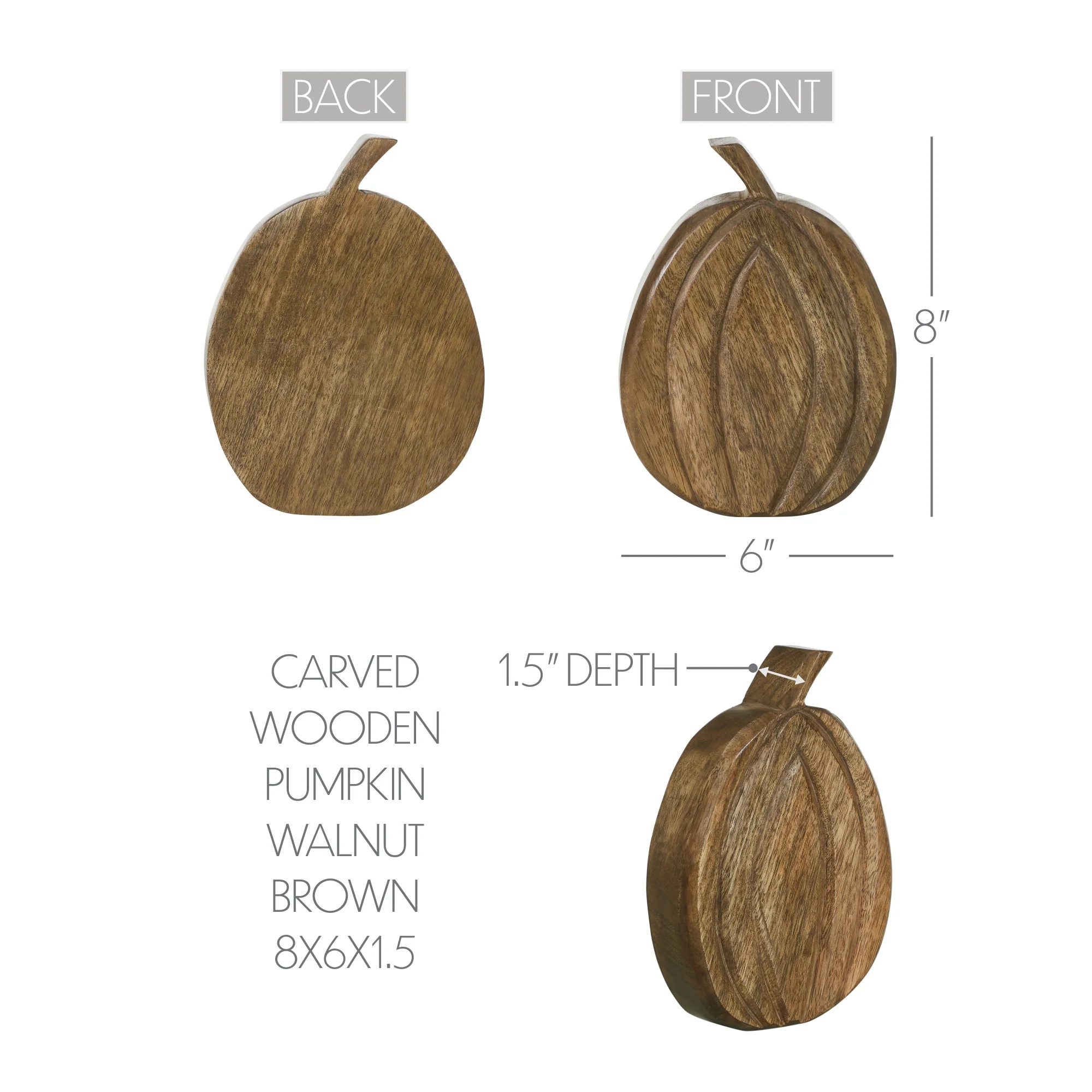 Carved Wooden Walnut Brown Pumpkin 8" H - Image 5