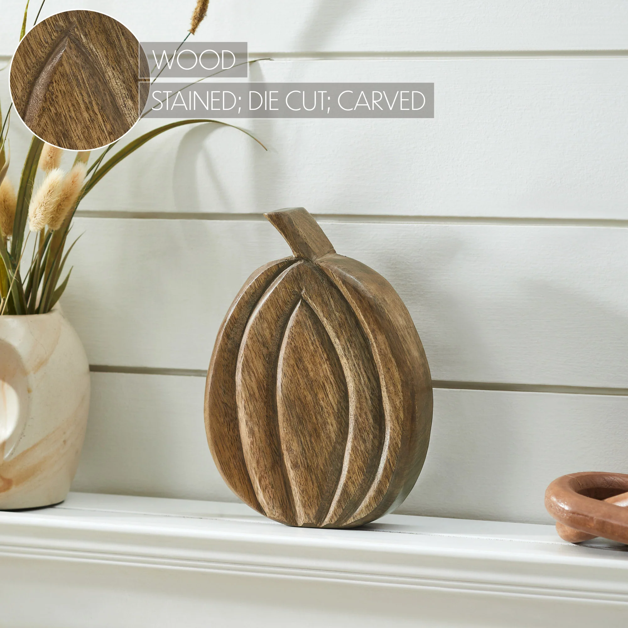 Carved Wooden Walnut Brown Pumpkin 8" H - Image 6