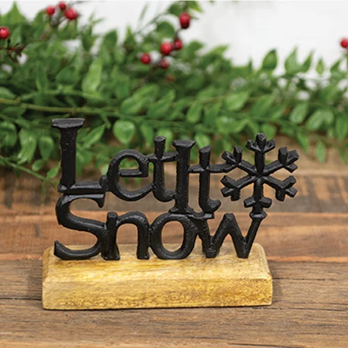 Cast Iron Let It Snow Words on Wooden Base - Image 2