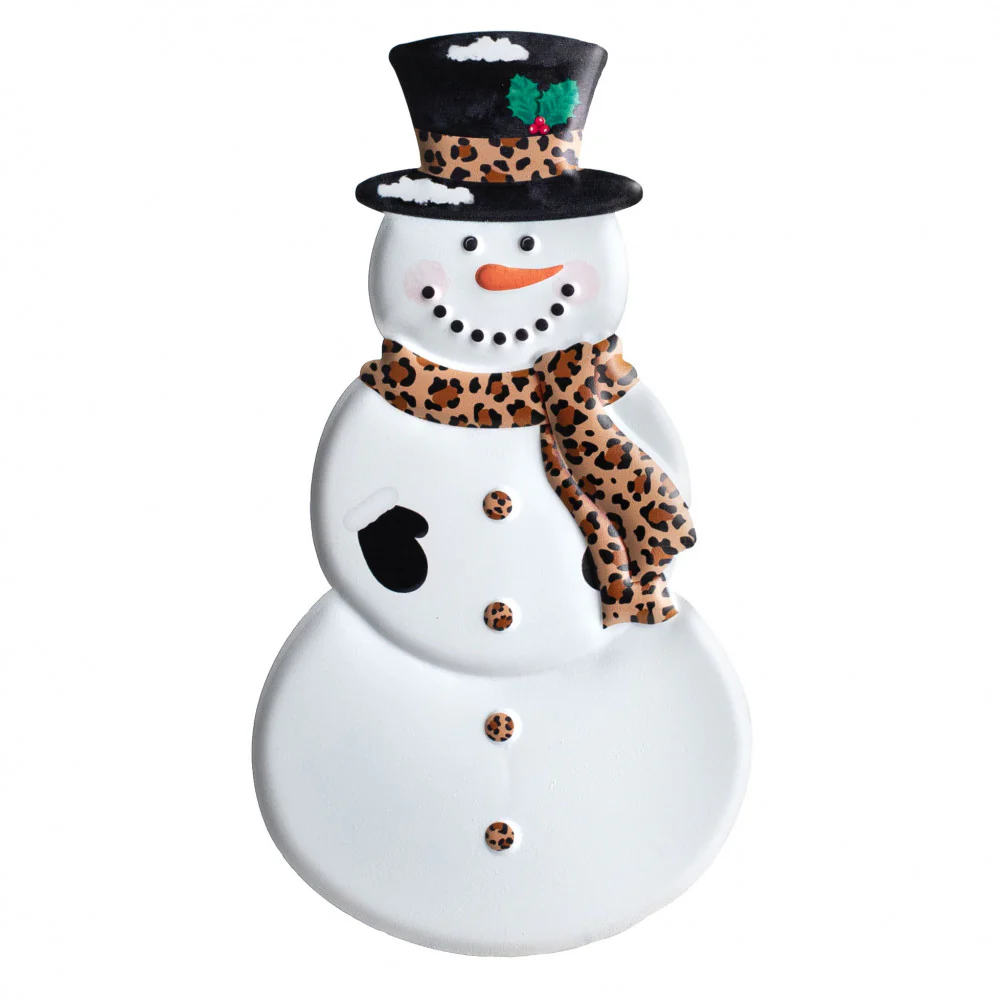 ๐ Cheetah Scarf Snowman 12" Metal Embossed Hanging Decor