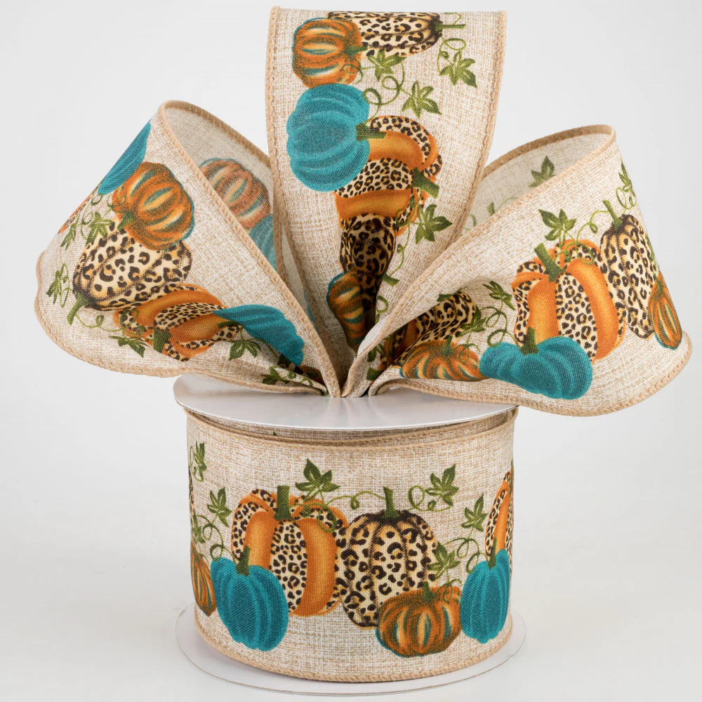 Cheetah & Teal Pumpkins on Natural Ribbon 2.5" x 10 yards - Image 2