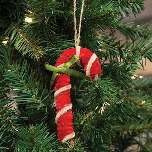 Chenille Candy Cane Ornament with Green Bow - Image 2