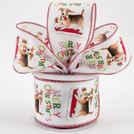 Christmas Beagle Dog on Sled Ribbon 2.5" x 10 yards - Image 2
