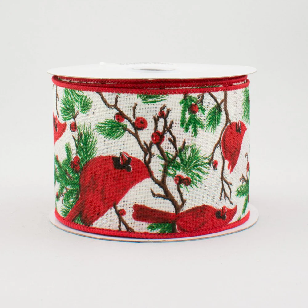 💙 Christmas Cardinals on White Ribbon 2.5" x 10 yards