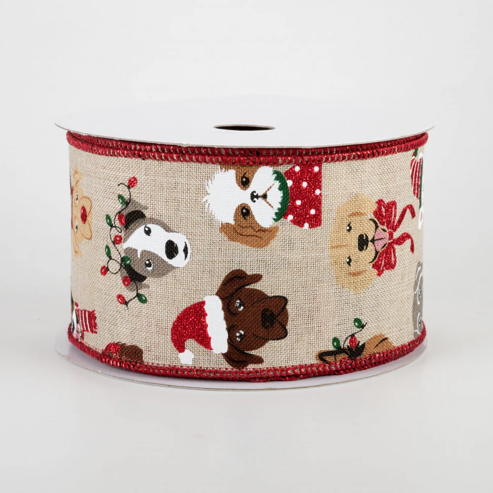 Christmas Dogs Light Natural Ribbon 2.5" x 10 yards