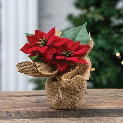 Christmas Faux Red Poinsettias in Burlap Base 8" H