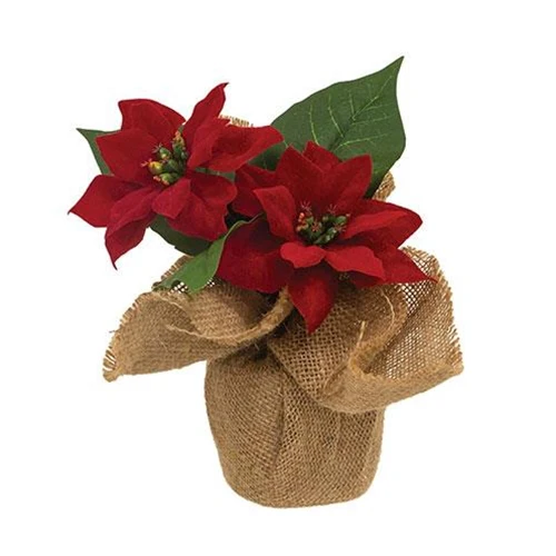Christmas Faux Red Poinsettias in Burlap Base 8" H - Image 2