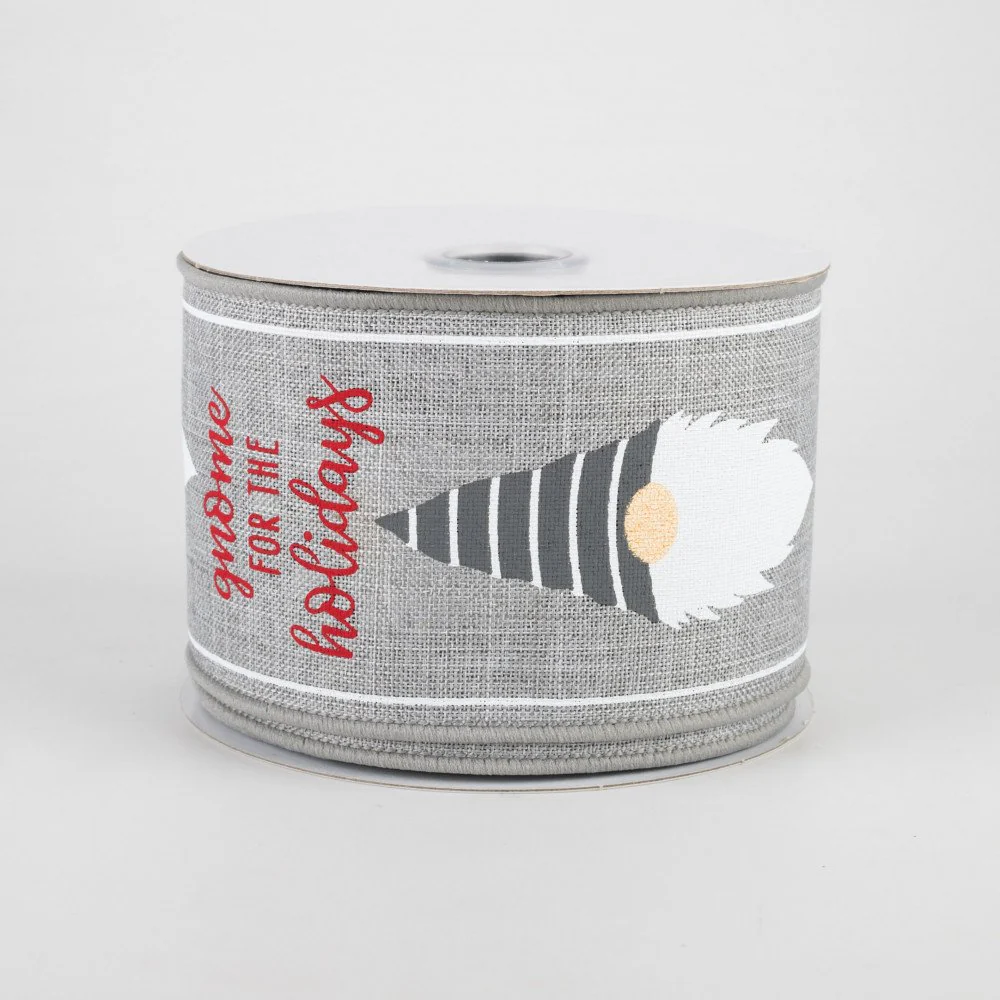 Christmas Gnome Heads Light Grey Ribbon 2.5" x 10 yards