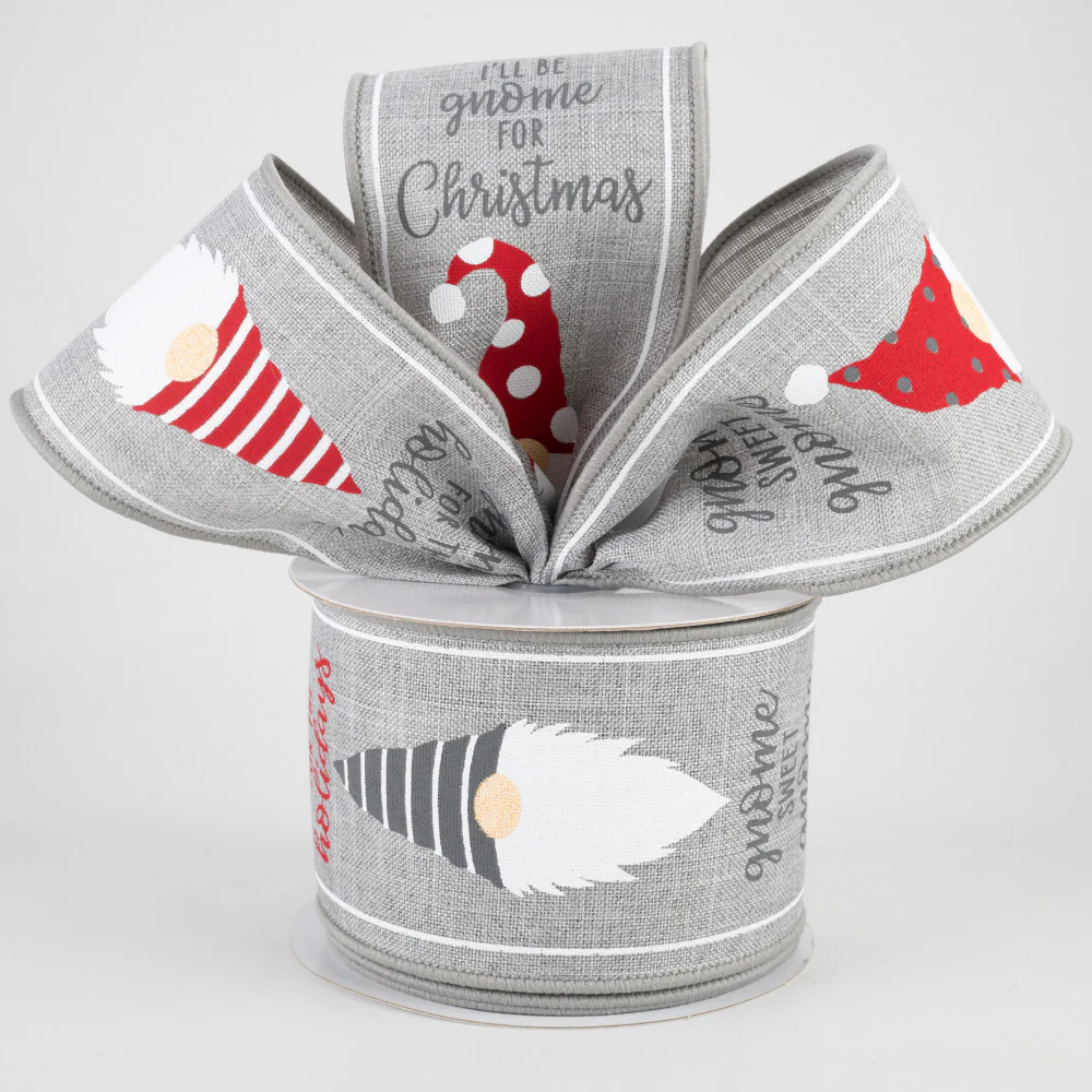 Christmas Gnome Heads Light Grey Ribbon 2.5" x 10 yards - Image 2