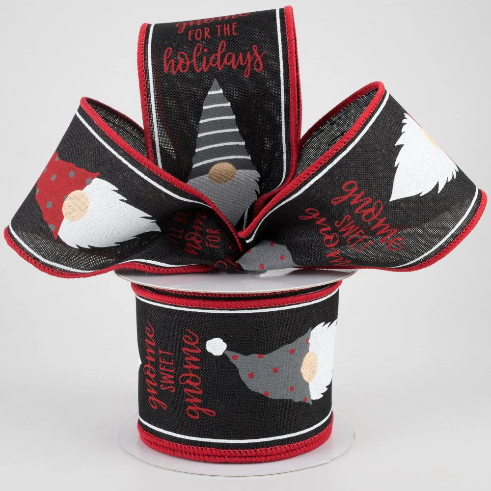 Christmas Gnome Heads on Black Ribbon 2.5" x 10 yards - Image 2