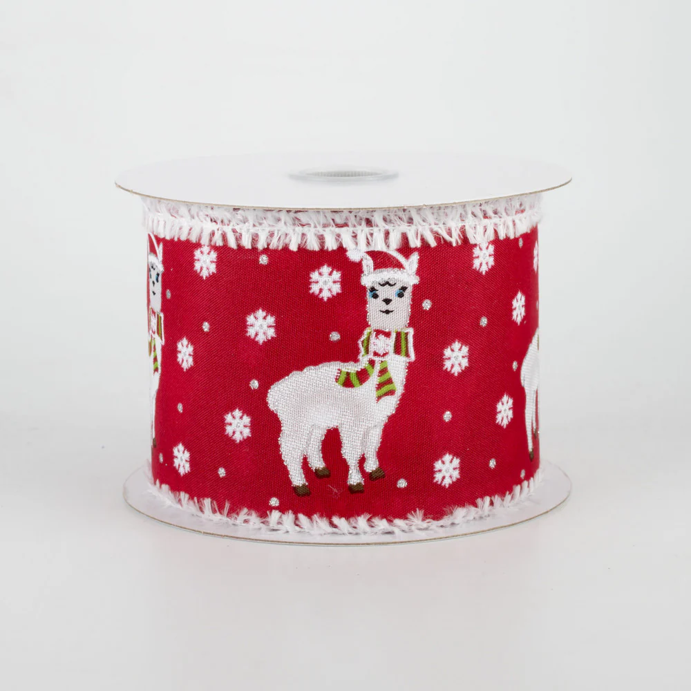 Christmas Llama Snow Edge Red Ribbon: 2.5" x 10 yards