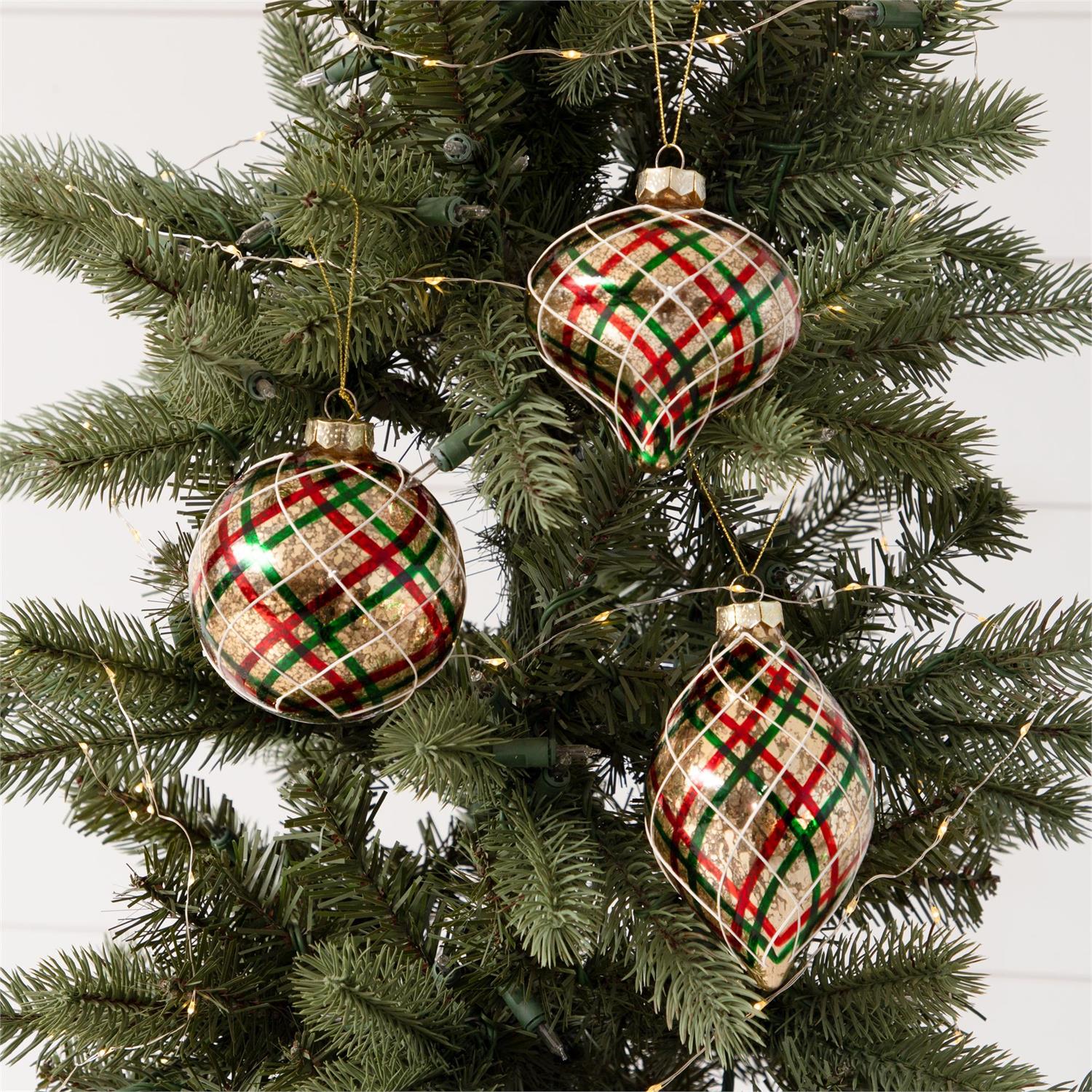 Christmas Plaid Glass Ornaments Set