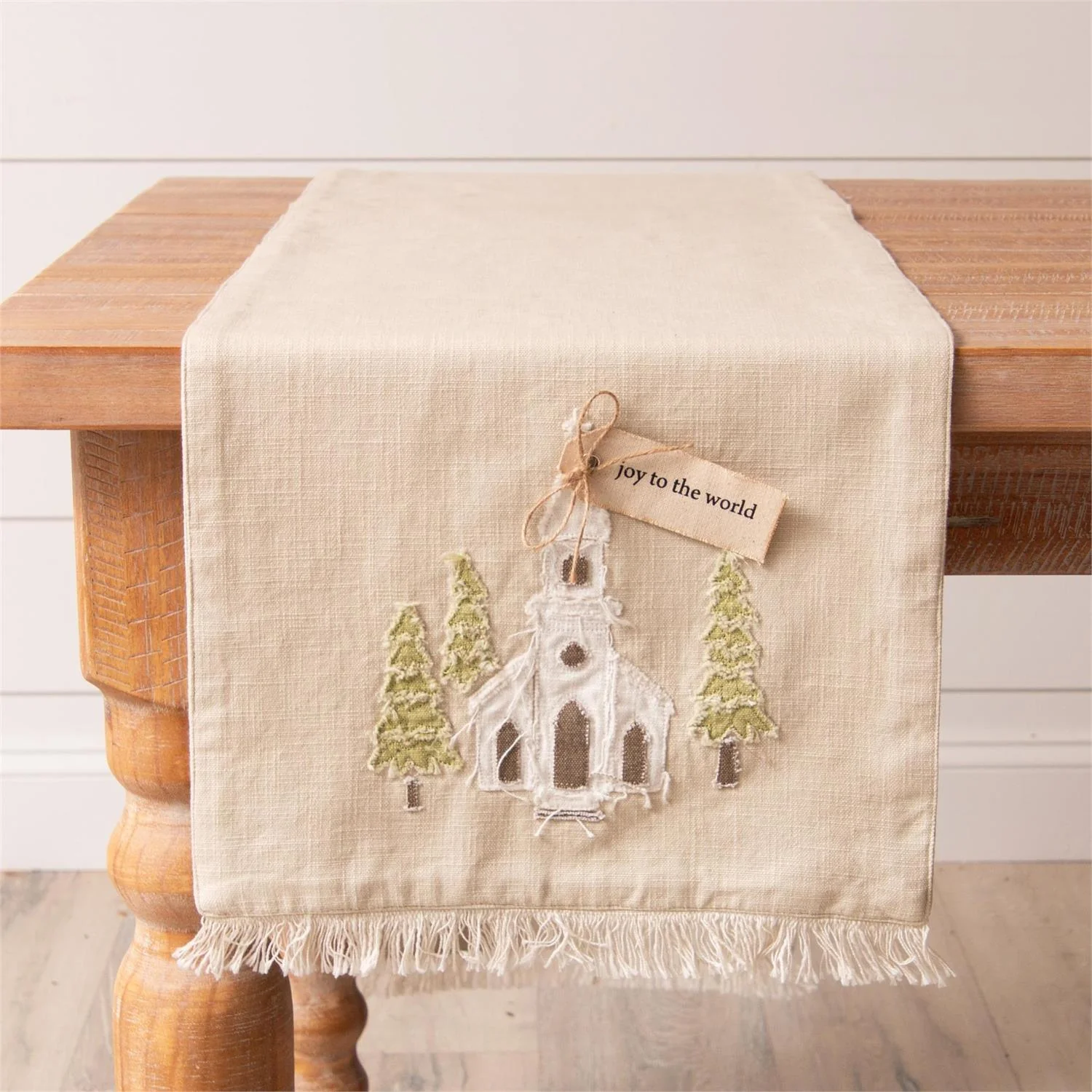 Church Rustic Applique With Fabric Tag 72" Table Runner
