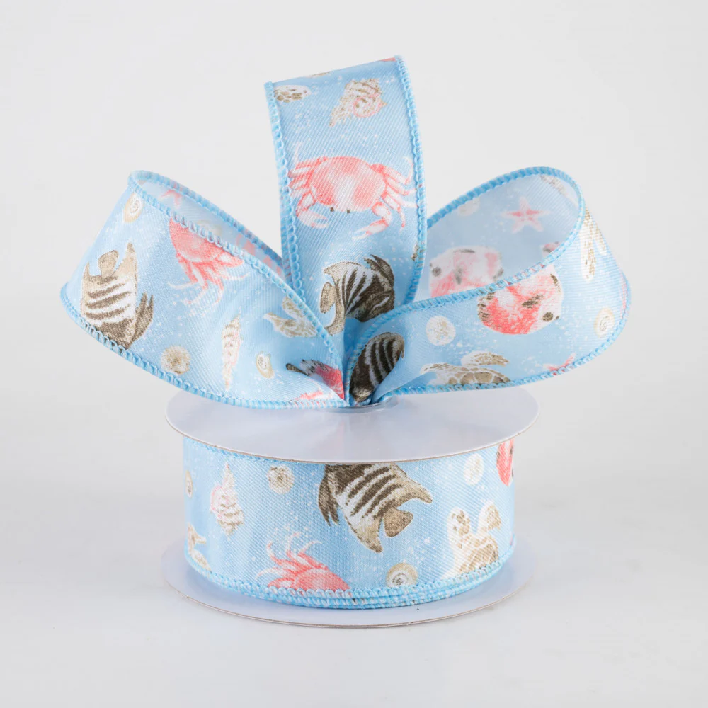 ๐ ๐ฅ Coastal Ocean Life Light Blue Ribbon 1.5" x 10 Yards
