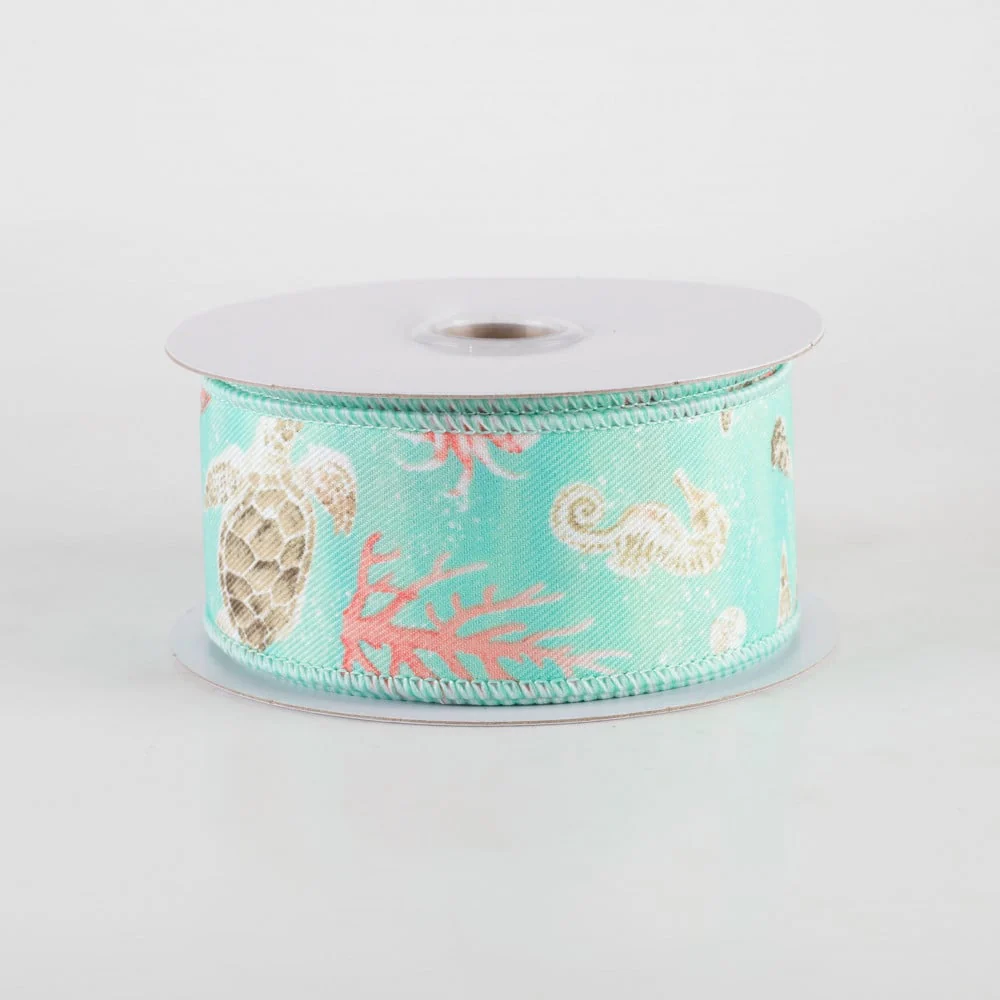 Coastal Ocean Life Seafoam Blue Green Ribbon 1.5" x 10 Yards - Image 2