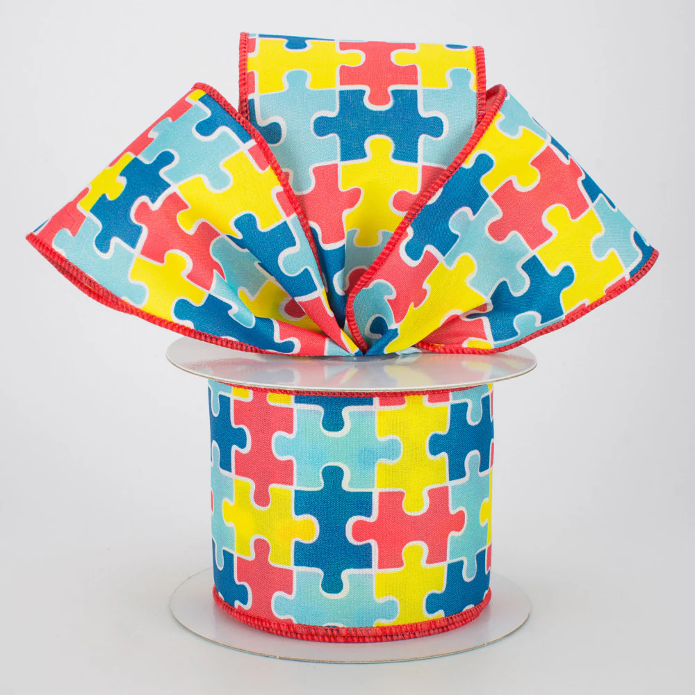 Colorful Puzzle Pieces Ribbon Autism 2.5" x 10 yards