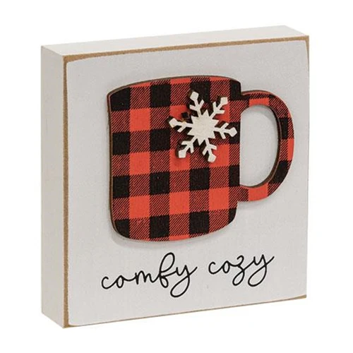 Comfy Cozy Plaid Cup 3.5" Wooden Block Sign
