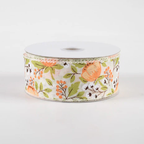 Coral Peonies & Cotton Ivory Ribbon 1.5" x 10 yards