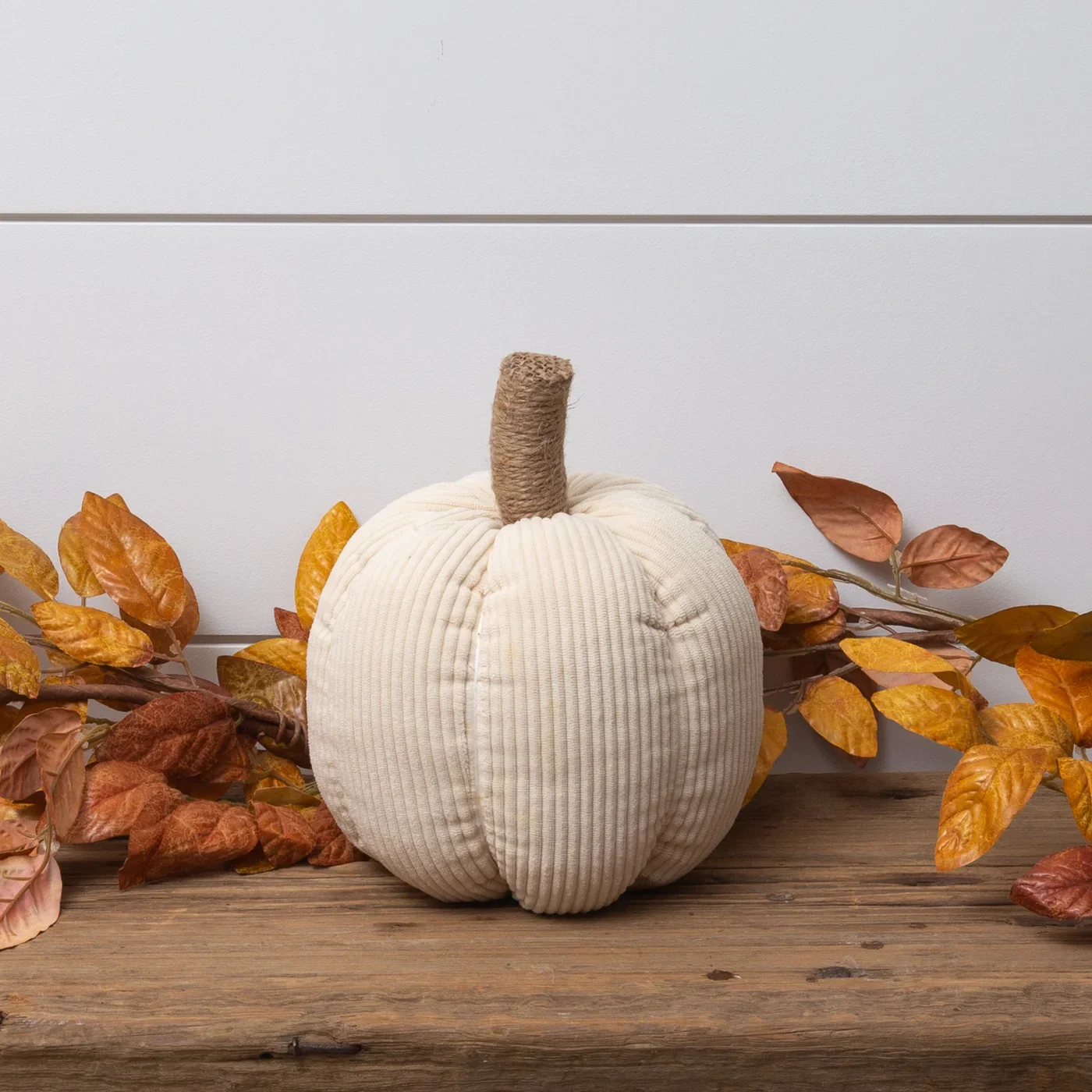 Cream Corduroy Pumpkin with Jute Wrapped Stem 8" H