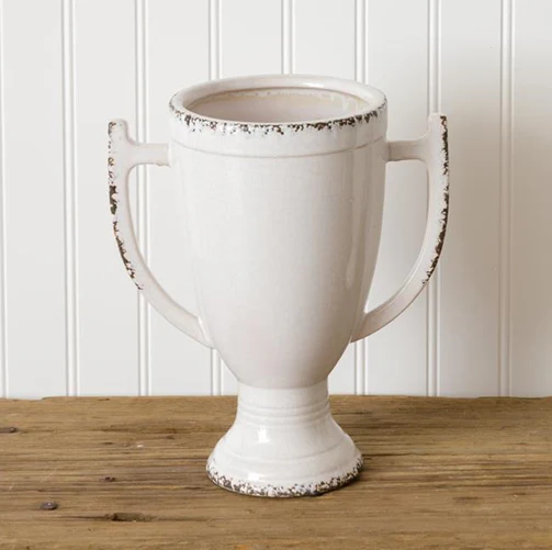 Cream Distressed Trophy Urn 10" H Vase