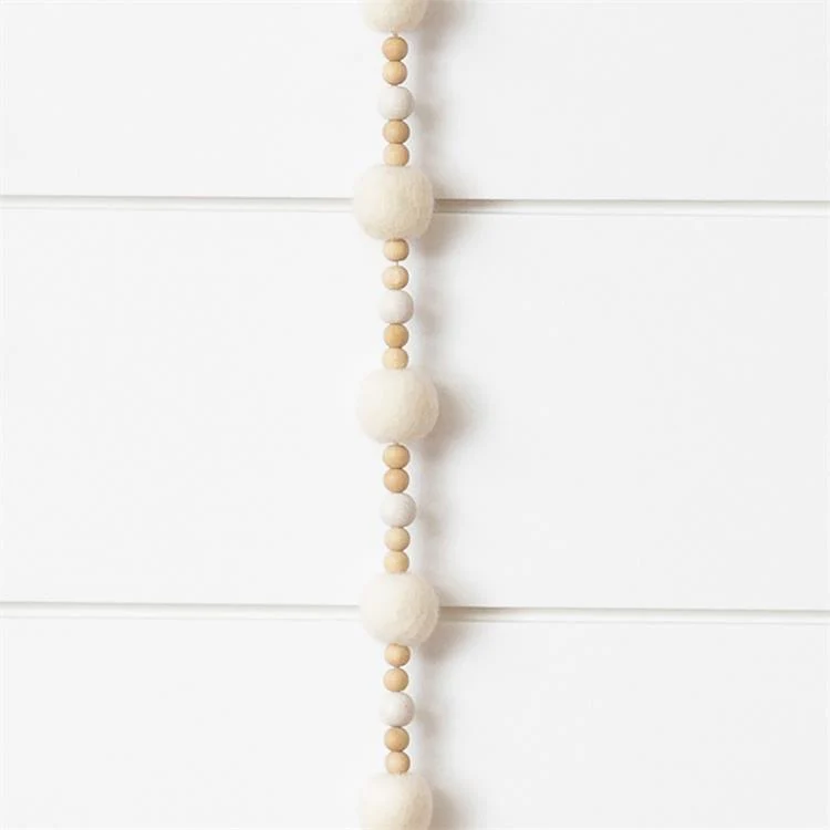 Cream Felt Balls And Wood Beads 72" Garland