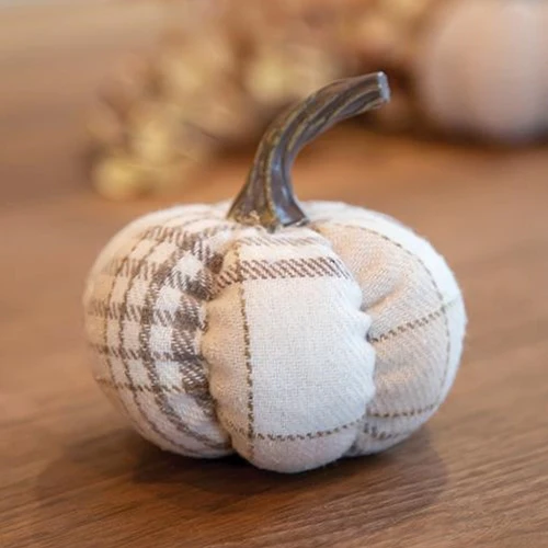 ๐ Cream Plaid 4" Fabric Pumpkin