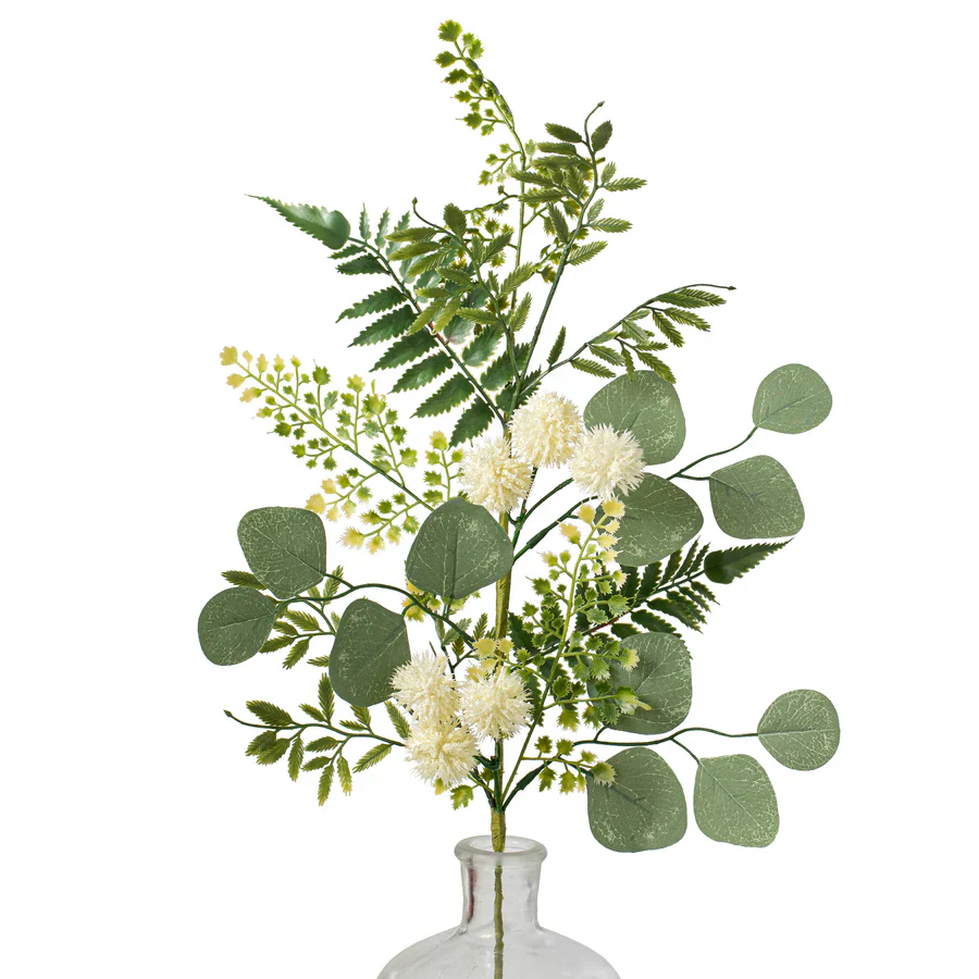 Cream Pom Pom with Ferns and Eucalyptus 28" Faux Floral Spray