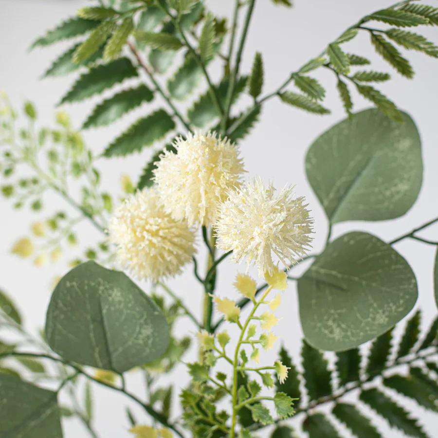 Cream Pom Pom with Ferns and Eucalyptus 28" Faux Floral Spray - Image 2