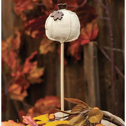 ๐ Cream Pumpkin Felt Decor on a Wooden Stem