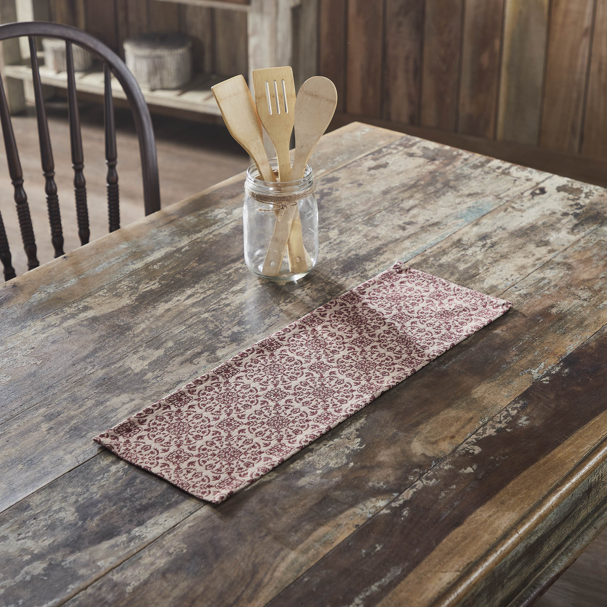 Custom House Burgundy Tan Jacquard 24" Table Runner